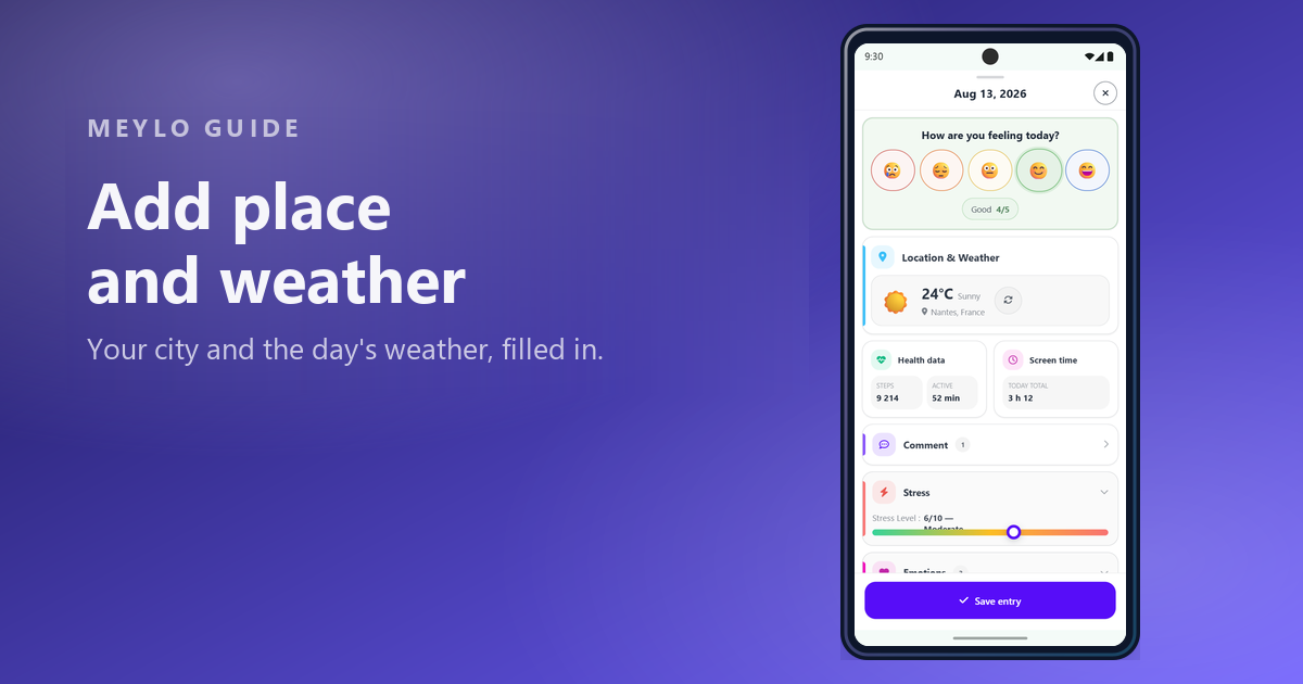 Meylo entry screen showing the location and weather card