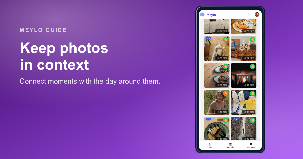 Meylo memories view showing mood entries with photos and context